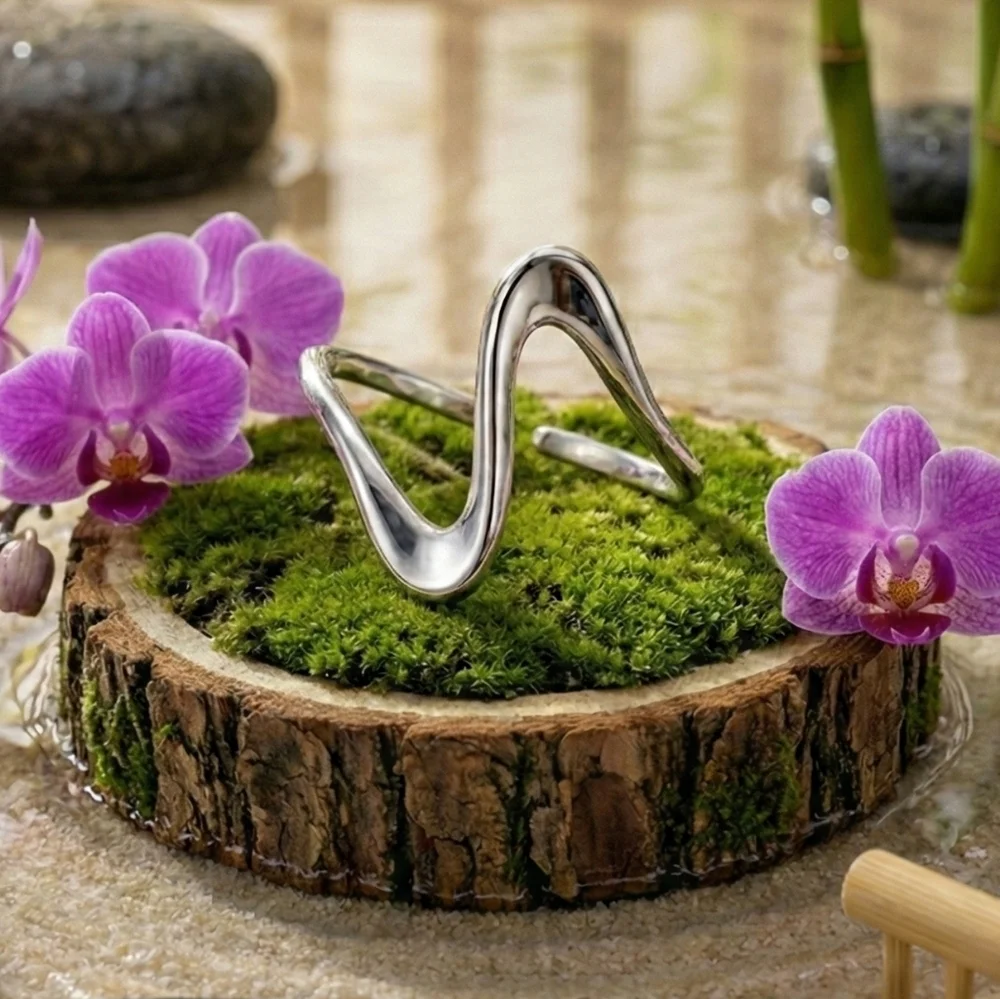 Silver Wave Ring 18K White Gold Plated Dainty Stylish Stainless Steel